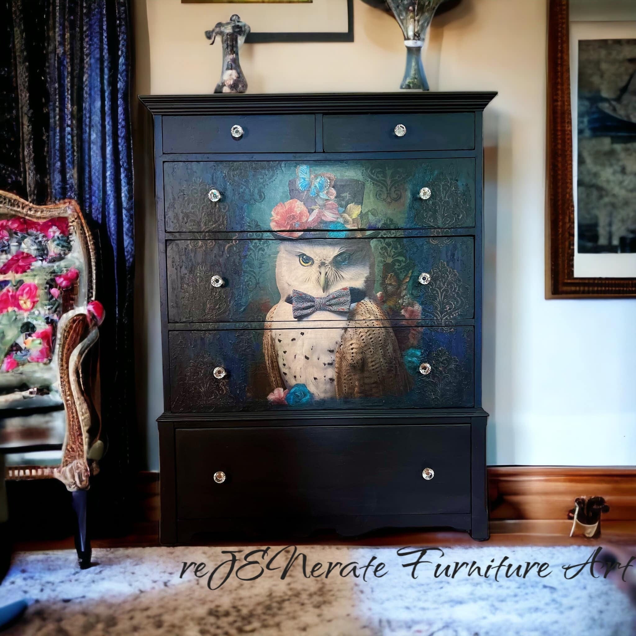 Reginald Large Decoupage Tissue Paper for Furniture 21x29 Whimsykel Designs Owl in Top Hat