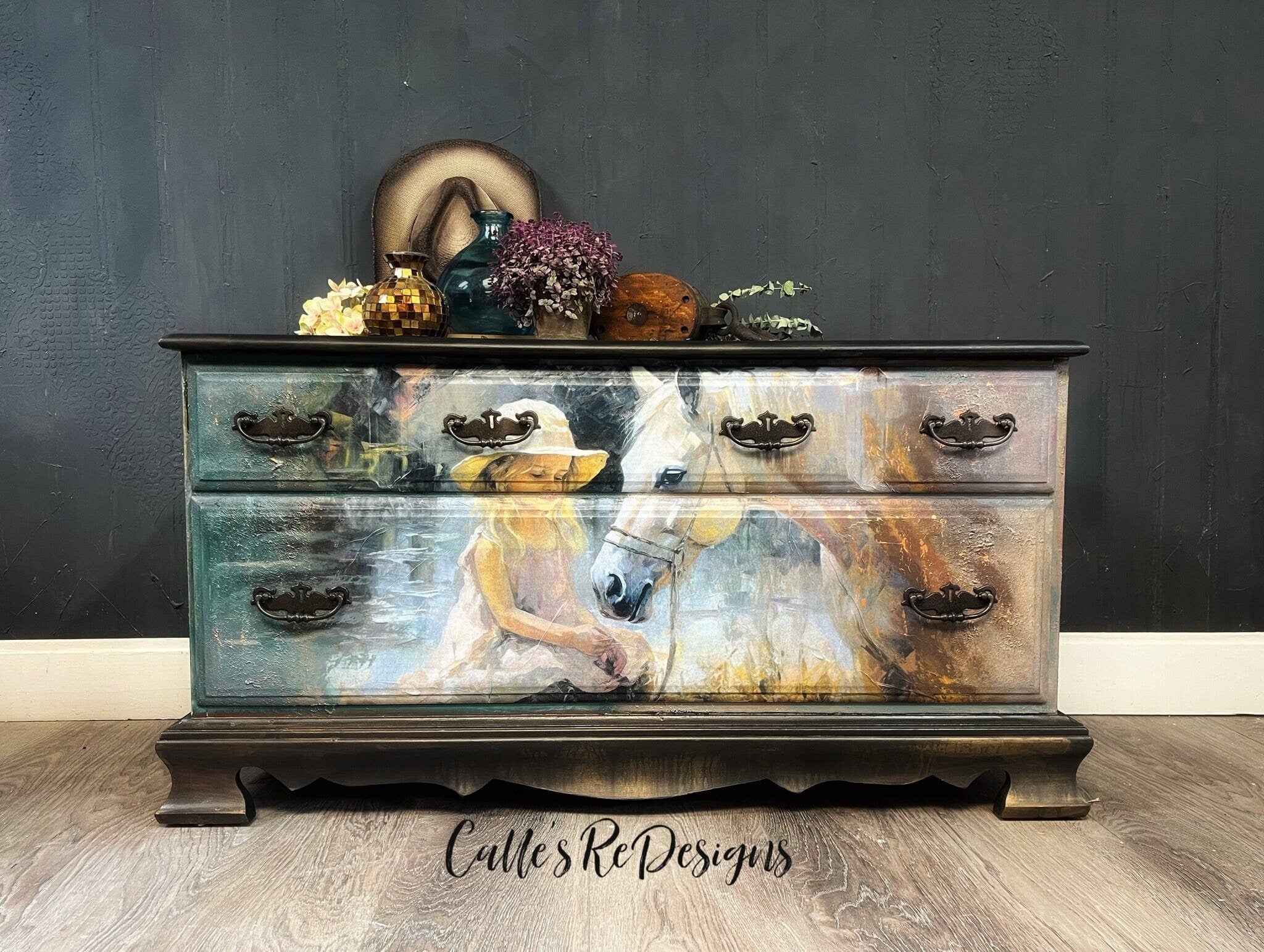 Riverbank Rendezvous Large Decoupage Tissue Paper for Furniture 21x29 Whimsykel Designs Young Girl and Horse on Riverbank