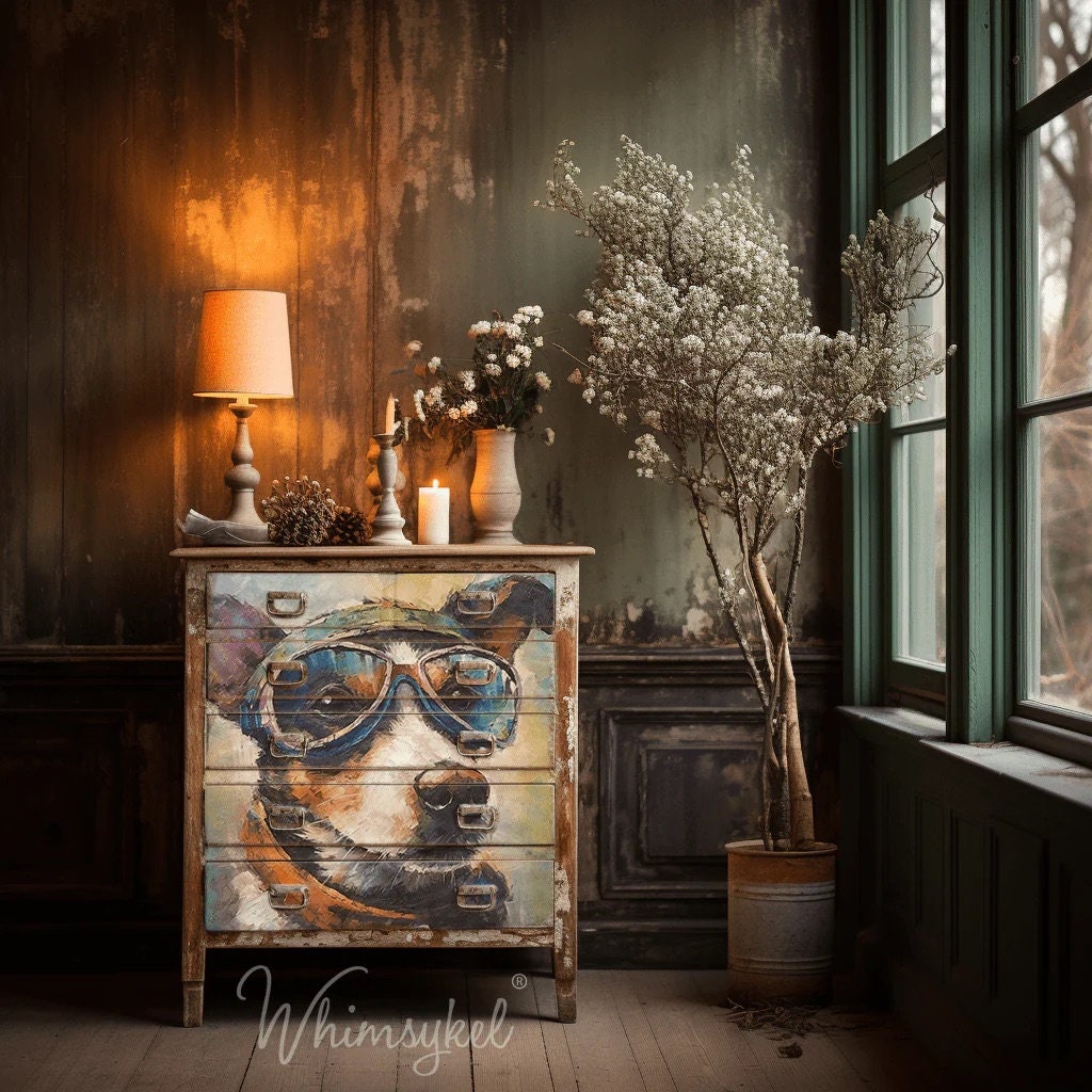 Rascal Large Decoupage Tissue Paper for Furniture 21x29 Whimsykel Designs Dog wearing Goggles
