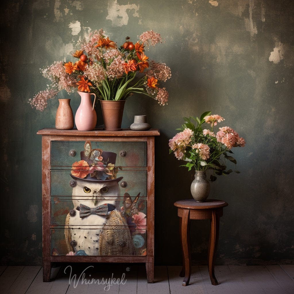 Reginald Large Decoupage Tissue Paper for Furniture 21x29 Whimsykel Designs Owl in Top Hat