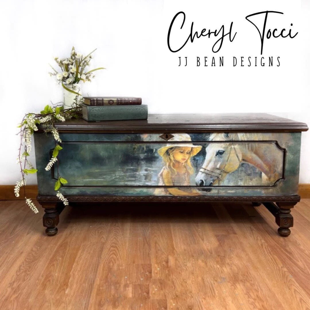 Riverbank Rendezvous Large Decoupage Tissue Paper for Furniture 21x29 Whimsykel Designs Young Girl and Horse on Riverbank