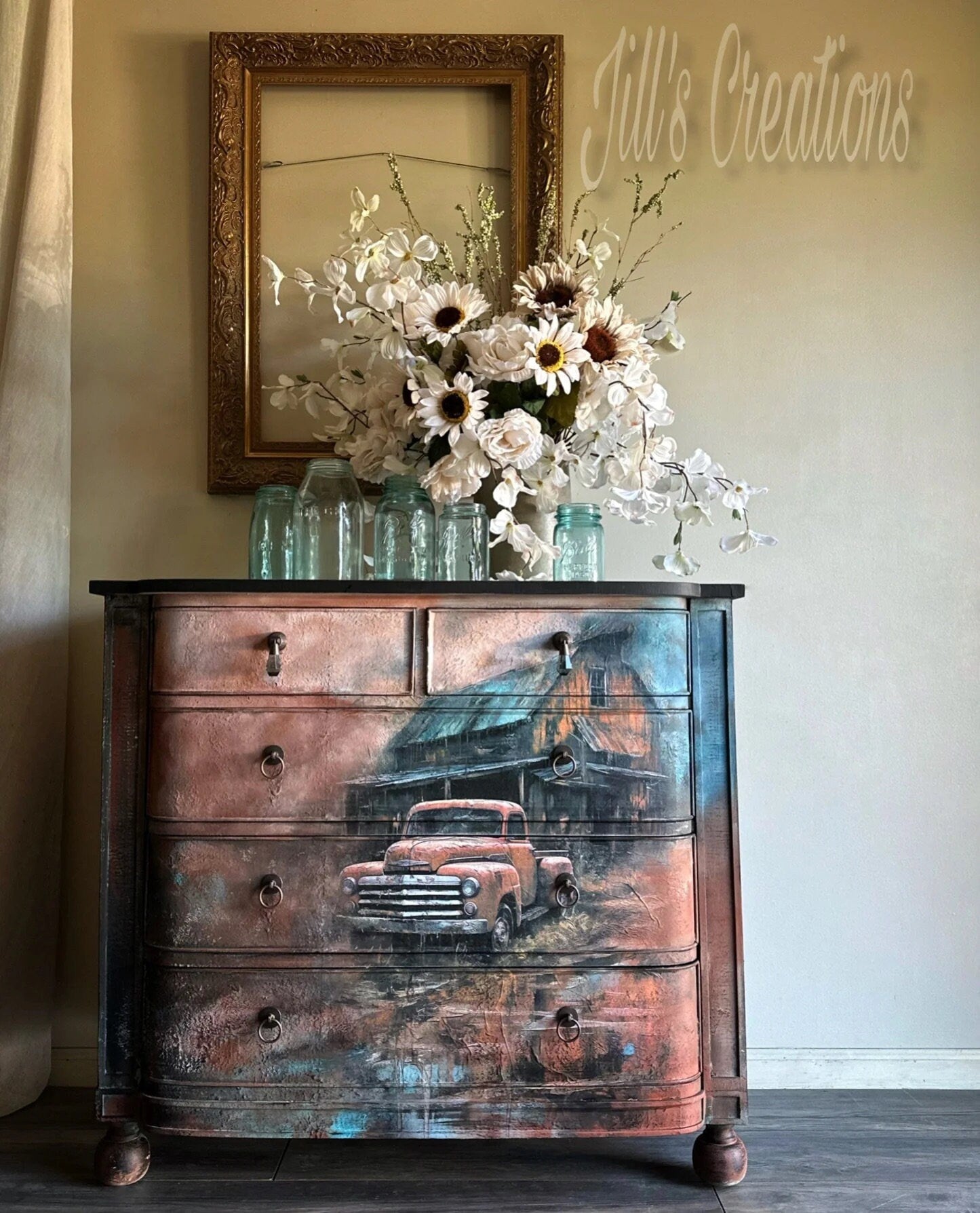 Rural Reflections Large Decoupage Tissue Paper for Furniture 21x29 Whimsykel Designs Red Pickup Truck in Front of Barn