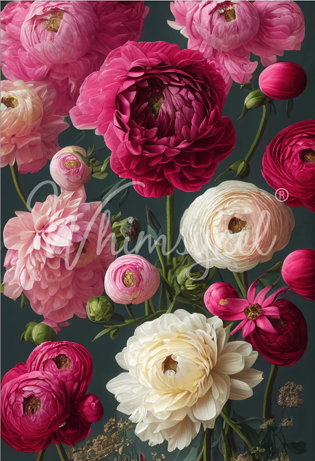Whimsykel | Wall Bouquet of Flowers | Decoupage Tissue Paper | 21"x29" | peonies with charcoal backdrop
