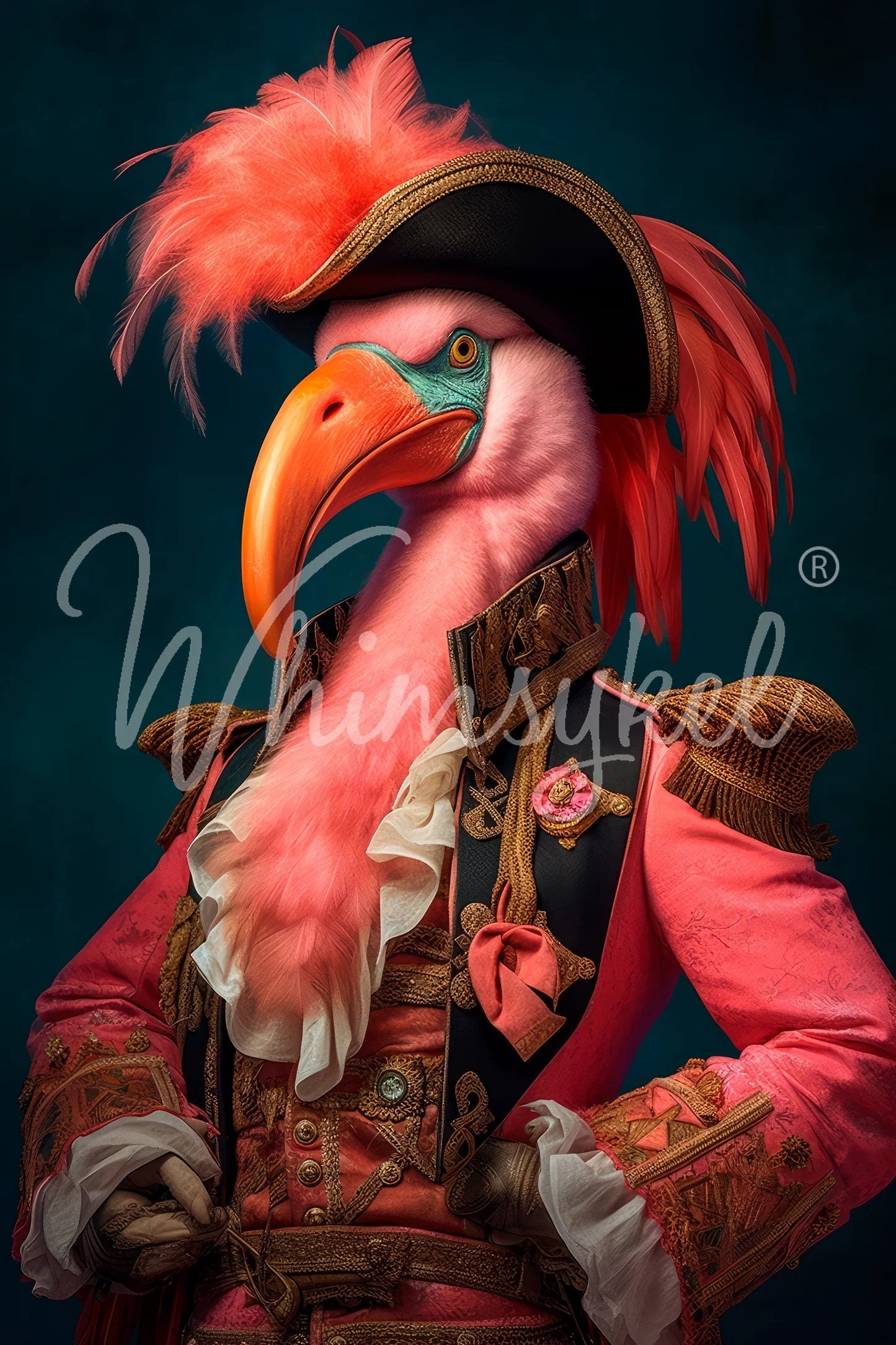 Whimsykel | Captain Featherduster | Decoupage Tissue Paper | 21"x29" | Flamingo in Hat with Feathers