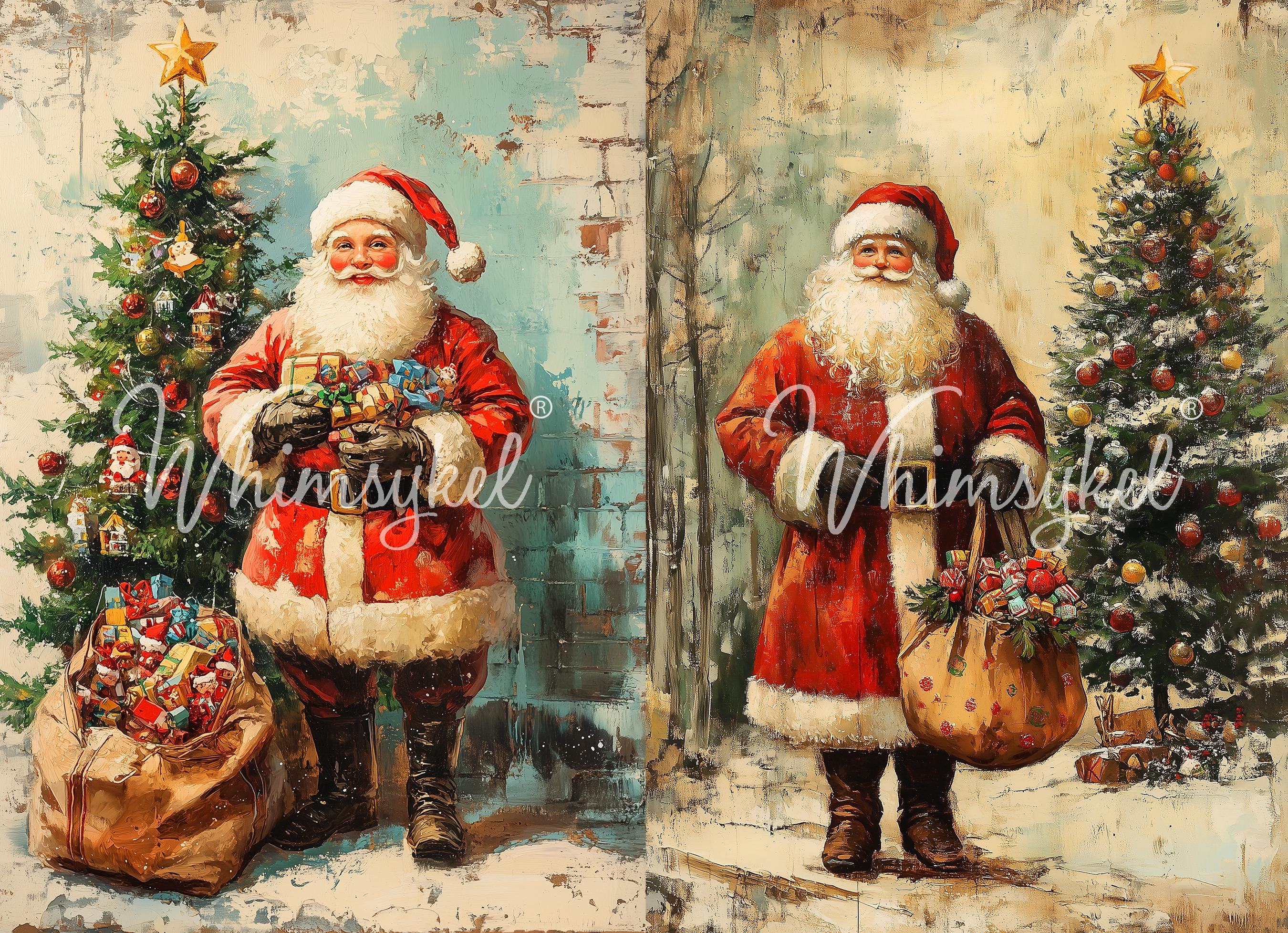 Whimsykel | Santa Duo | Decoupage Tissue Paper | 21"x29" | duo design of Santas in front of Christmas trees