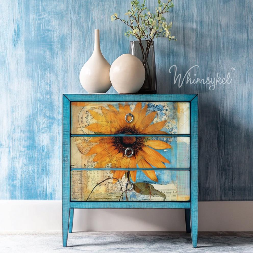 Whimsykel | Sunflower Collage | Decoupage Tissue Paper | 21"x29" | sunflower in front of scrap paper