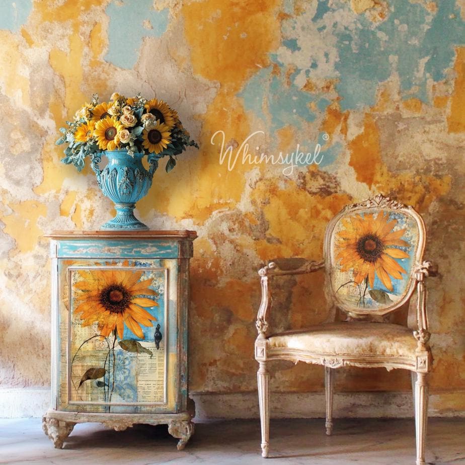 Whimsykel | Sunflower Collage | Decoupage Tissue Paper | 21"x29" | sunflower in front of scrap paper