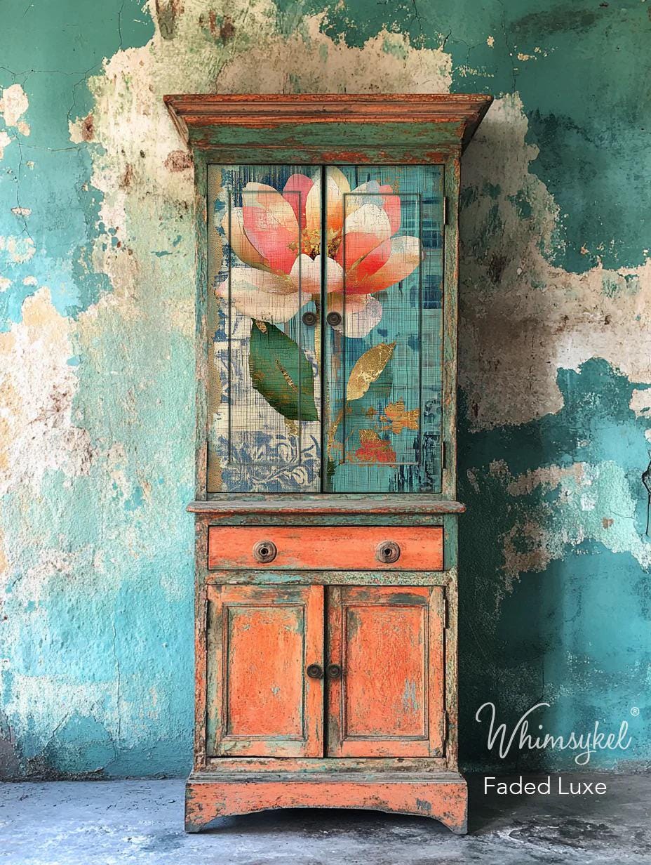 Whimsykel | Faded Luxe | Decoupage Tissue Paper | 21"x29" | blue and gold with large flower