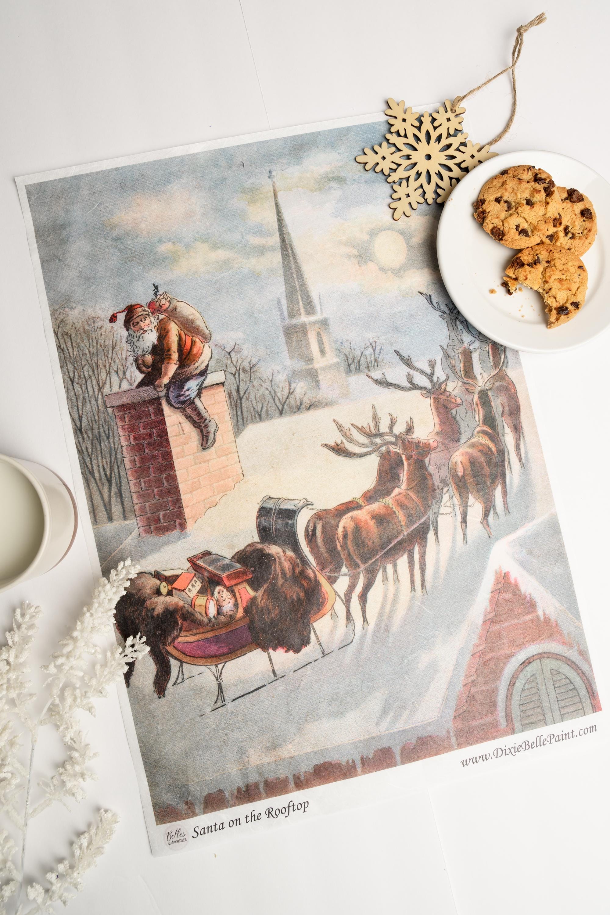 SANTA ON the ROOFTOP -| A3- 11.7 x 16.54 inches | Rice Decoupage Paper | Furniture | Crafts | Art  Santa and Reindeer on the roof