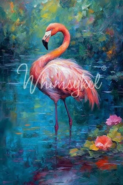 Whimsykel | Flamingo Oasis | Decoupage Tissue Paper | 21"x29" | flamingo in front of abstract background
