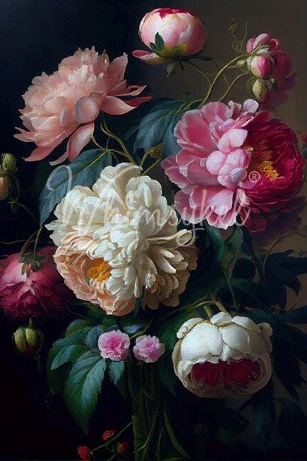 BAROQUE PEONIES | Large Decoupage Tissue Paper for Furniture | Arts & Crafts | 21x29 or 14x20 | Whimsykel Designs