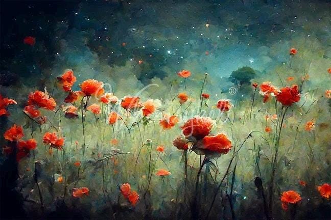 Whimsykel | Field of Poppies | Decoupage Tissue Paper | 21"x29" | poppies in night sky