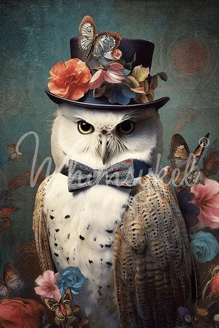 Reginald Large Decoupage Tissue Paper for Furniture 21x29 Whimsykel Designs Owl in Top Hat