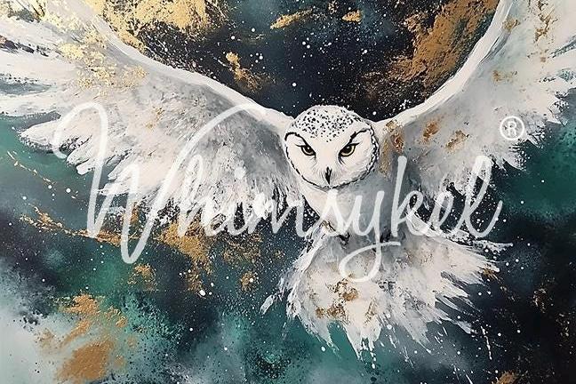 Whimsykel | Snow Owl | Decoupage Tissue Paper | 21"x29" | large white owl in front of blue abstract background
