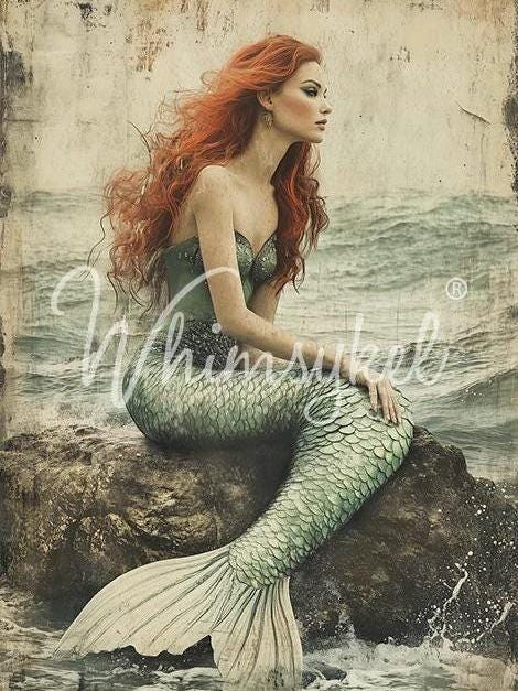 Whimsykel | Maiden Of The Sea | Decoupage Tissue Paper | 21"x29" or 14"x20" | vintage mermaid with red hair on rock