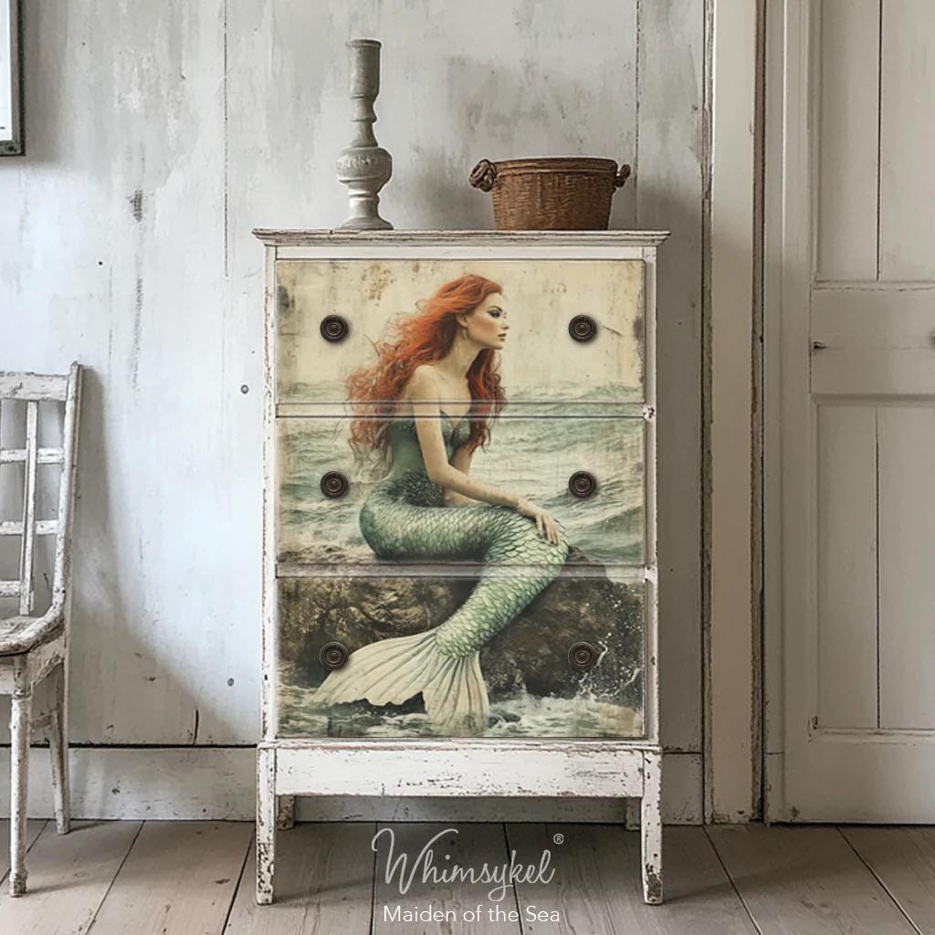 Whimsykel | Maiden Of The Sea | Decoupage Tissue Paper | 21"x29" or 14"x20" | vintage mermaid with red hair on rock