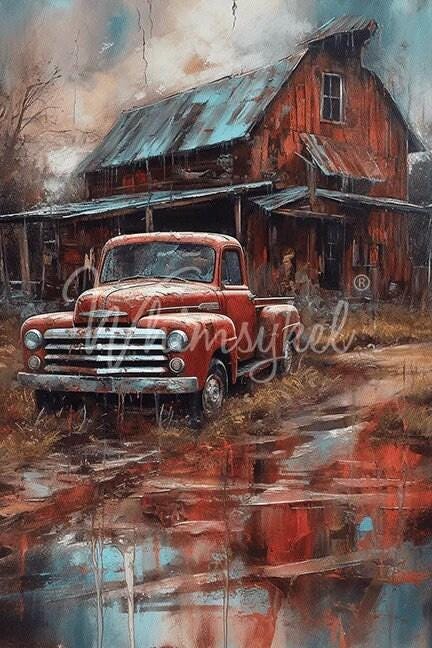 Rural Reflections Large Decoupage Tissue Paper for Furniture 21x29 Whimsykel Designs Red Pickup Truck in Front of Barn