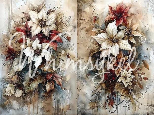 Whimsykel | Christmas Floral | Decoupage Tissue Paper | 21"x29" | duo design of Christmas poinsettias