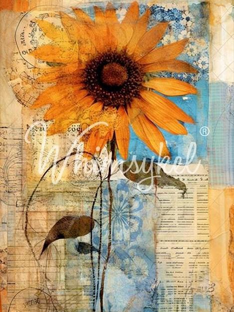 Whimsykel | Sunflower Collage | Decoupage Tissue Paper | 21"x29" | sunflower in front of scrap paper