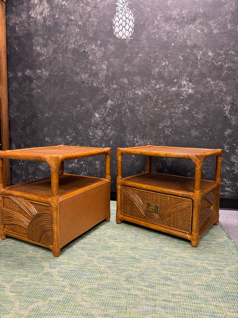 Vintage Sunburst Rattan Bedroom Suite – 5-Piece Cane Furniture Set with Lighted Terrarium Dresser, Headboard, Nightstands, Dresser & Cheval Mirror (1970s Coastal Boho)