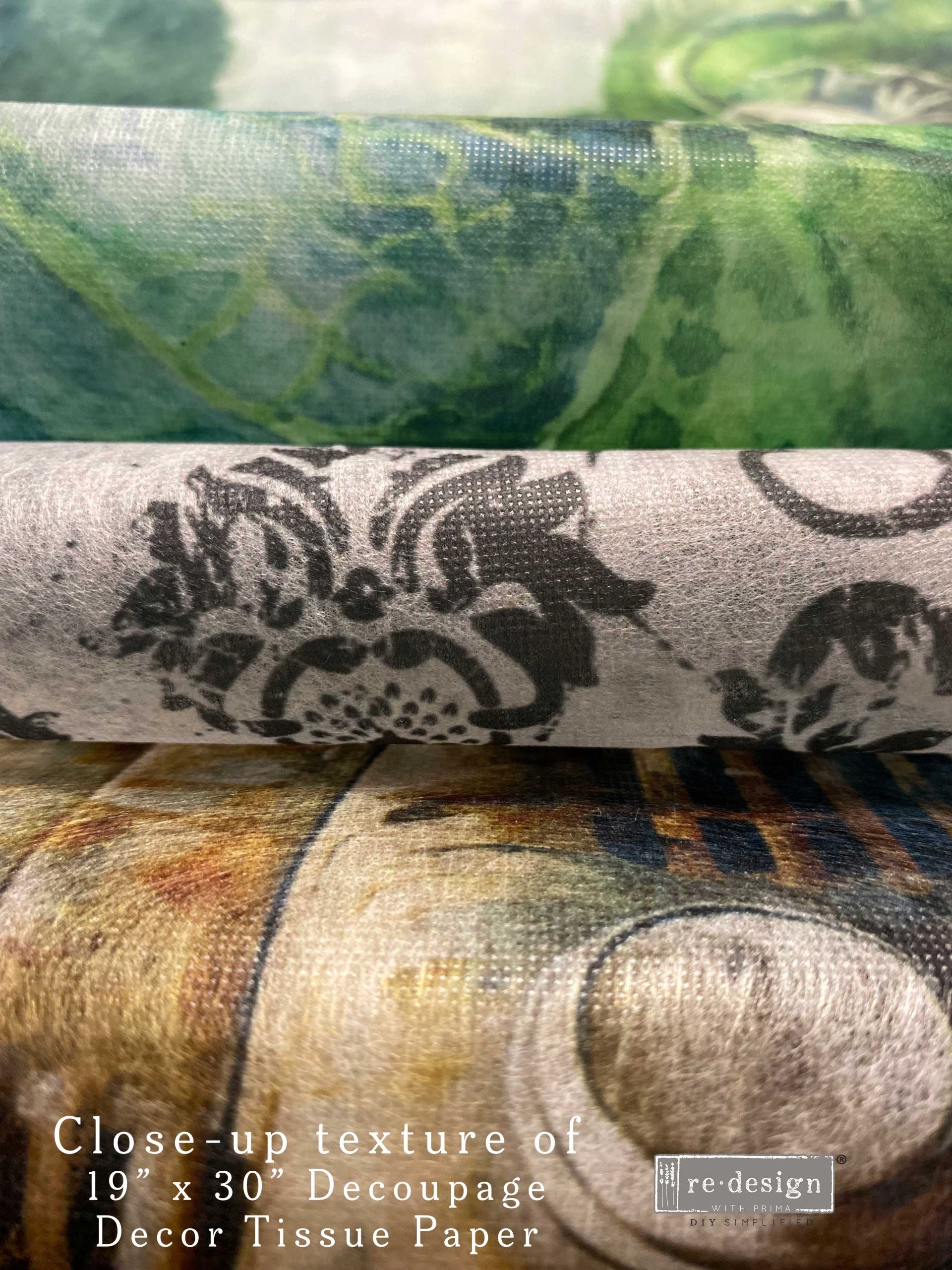 Chapelle Royale | Decoupage Tissue Paper | 19.5"x30" | Redesign with Prima | decadent swirls, distressed fleur de lis, and a soft floral background Redesign with Prima