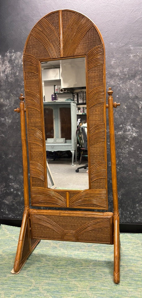 Vintage Sunburst Rattan Bedroom Suite – 5-Piece Cane Furniture Set with Lighted Terrarium Dresser, Headboard, Nightstands, Dresser & Cheval Mirror (1970s Coastal Boho)