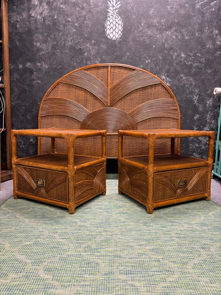 Vintage Sunburst Rattan Bedroom Suite – 5-Piece Cane Furniture Set with Lighted Terrarium Dresser, Headboard, Nightstands, Dresser & Cheval Mirror (1970s Coastal Boho)