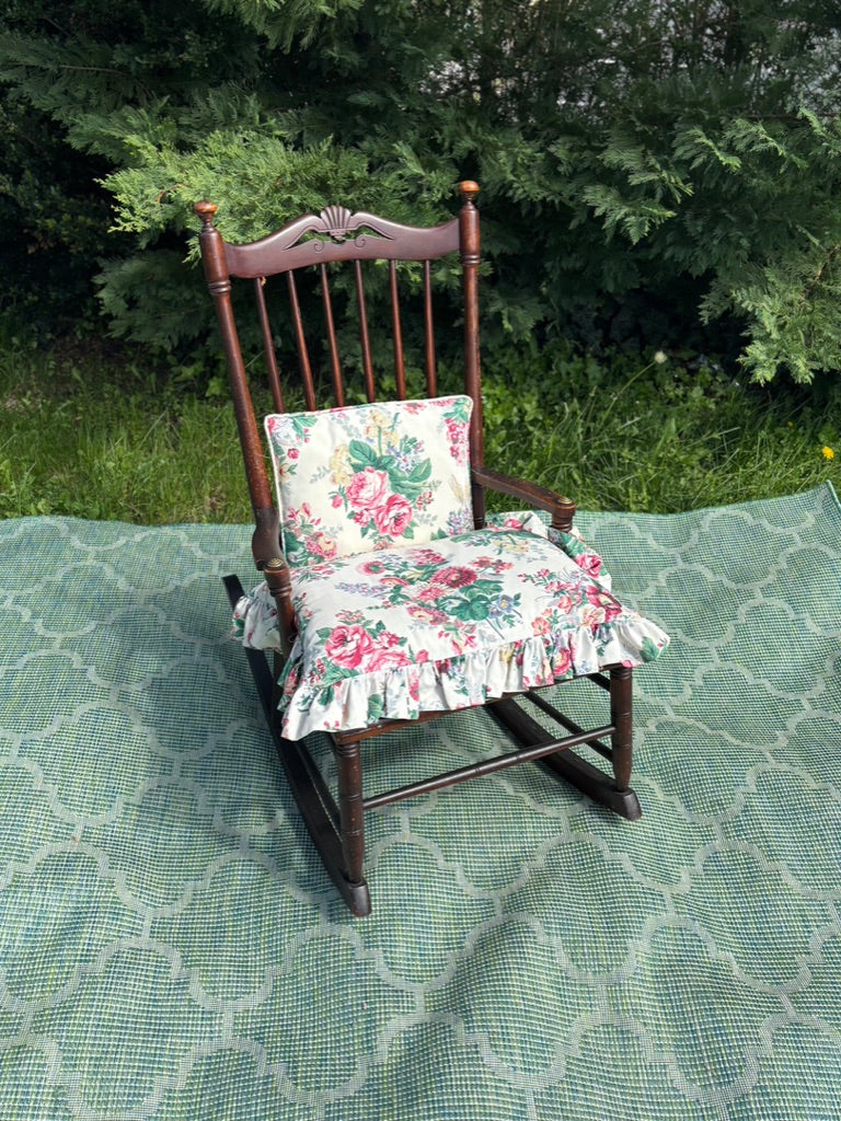 Vintage Wooden Rocking Chair with Custom Floral Cushions | As-Is Ready for Rescue