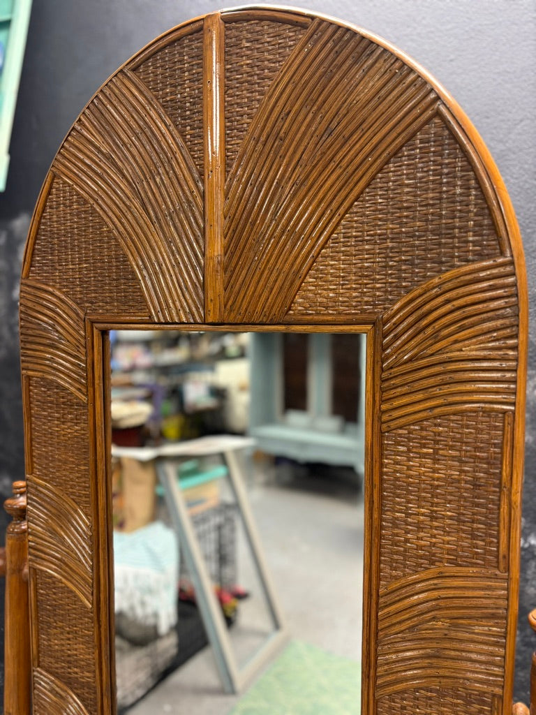 Vintage Sunburst Rattan Bedroom Suite – 5-Piece Cane Furniture Set with Lighted Terrarium Dresser, Headboard, Nightstands, Dresser & Cheval Mirror (1970s Coastal Boho)