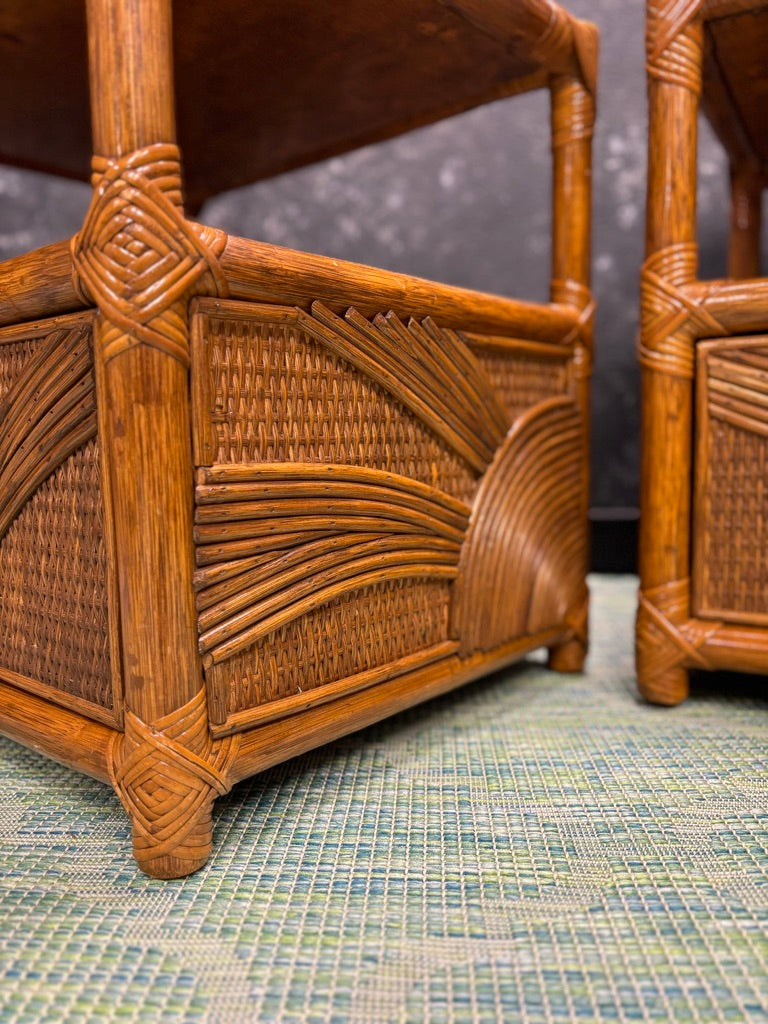 Vintage Sunburst Rattan Bedroom Suite – 5-Piece Cane Furniture Set with Lighted Terrarium Dresser, Headboard, Nightstands, Dresser & Cheval Mirror (1970s Coastal Boho)