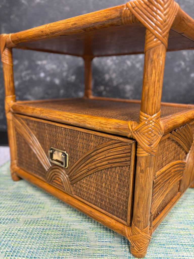 Vintage Sunburst Rattan Bedroom Suite – 5-Piece Cane Furniture Set with Lighted Terrarium Dresser, Headboard, Nightstands, Dresser & Cheval Mirror (1970s Coastal Boho)