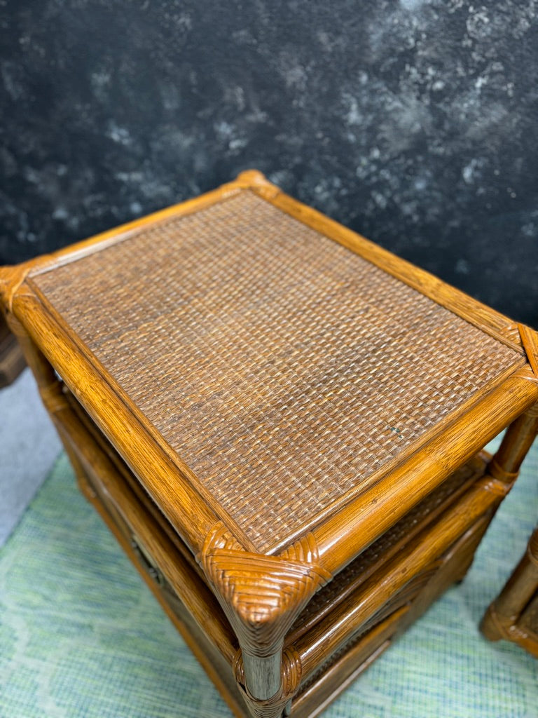 Vintage Sunburst Rattan Bedroom Suite – 5-Piece Cane Furniture Set with Lighted Terrarium Dresser, Headboard, Nightstands, Dresser & Cheval Mirror (1970s Coastal Boho)