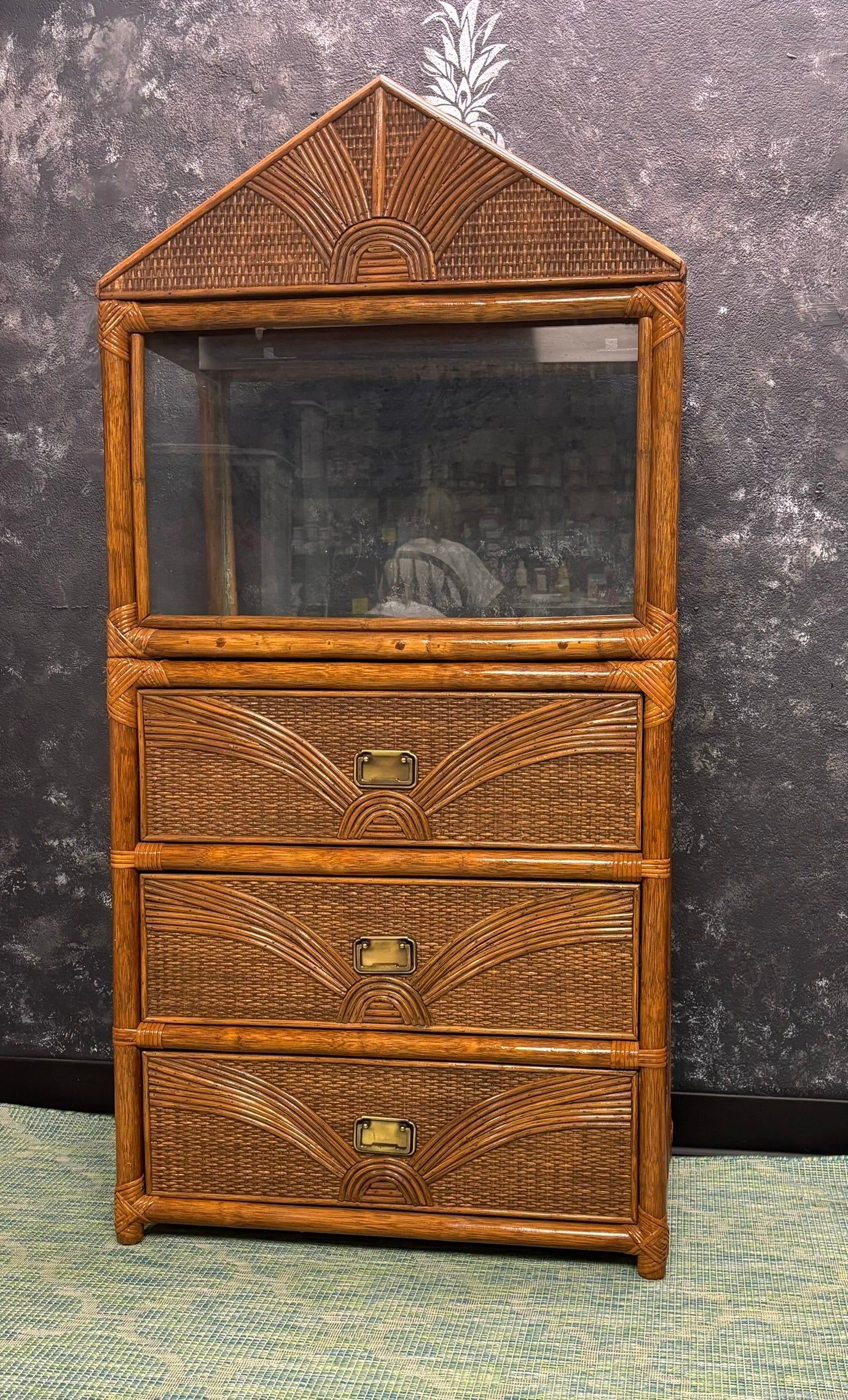 Vintage Sunburst Rattan Bedroom Suite – 5-Piece Cane Furniture Set with Lighted Terrarium Dresser, Headboard, Nightstands, Dresser & Cheval Mirror (1970s Coastal Boho)