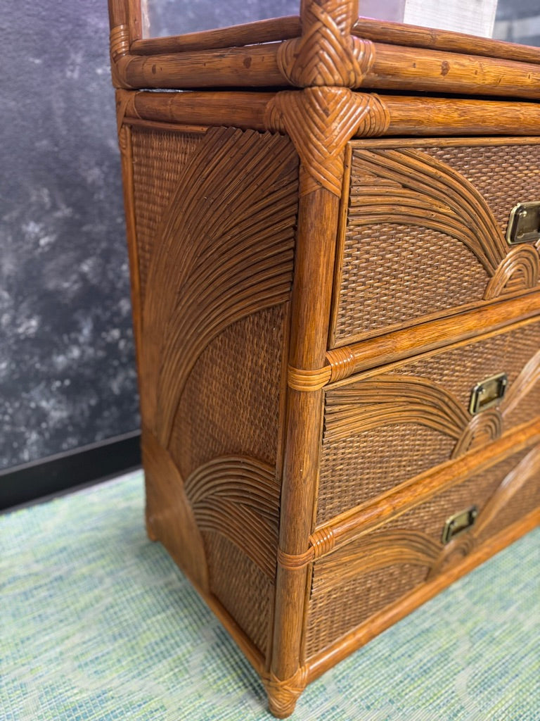 Vintage Sunburst Rattan Bedroom Suite – 5-Piece Cane Furniture Set with Lighted Terrarium Dresser, Headboard, Nightstands, Dresser & Cheval Mirror (1970s Coastal Boho)