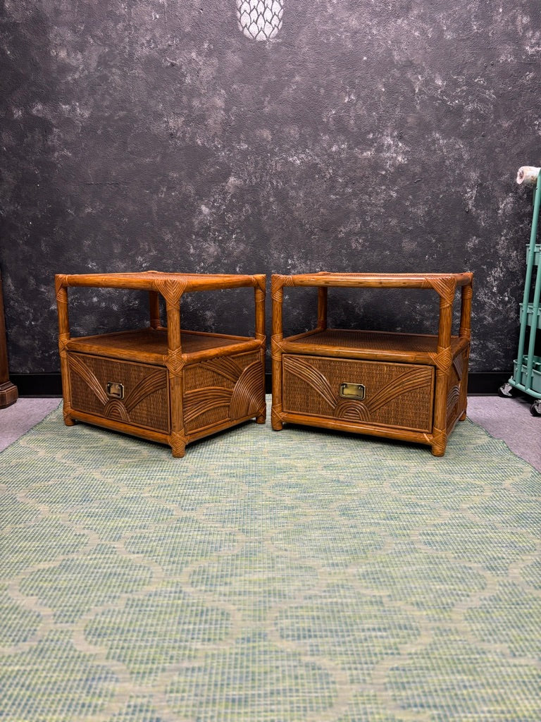 Vintage Sunburst Rattan Bedroom Suite – 5-Piece Cane Furniture Set with Lighted Terrarium Dresser, Headboard, Nightstands, Dresser & Cheval Mirror (1970s Coastal Boho)