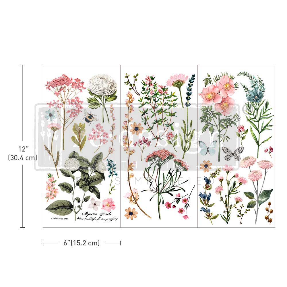 Botanical Paradise | Small Transfers | Redesign With Prima | Rub on Transfers for Furniture and Crafts | 3 sheets- 6"x12" | butterflies bees and florals
