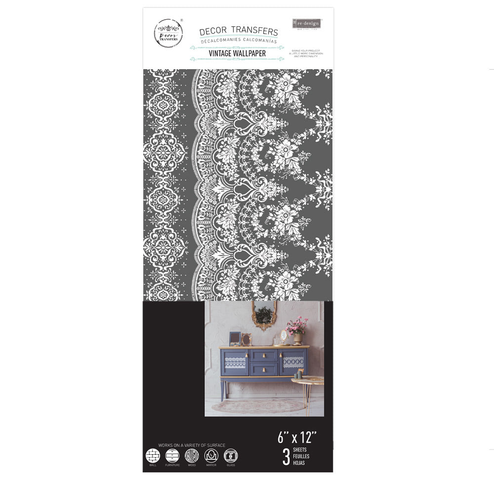 VINTAGE WALLPAPER | Small Transfers | Redesign With Prima | Rub on Transfers for Furniture and Crafts | 3 sheets- 6"x12" | french lace Redesign with Prima