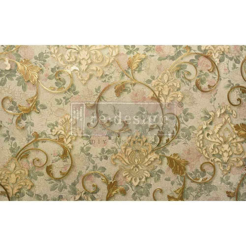 Chapelle Royale | Decoupage Tissue Paper | 19.5"x30" | Redesign with Prima | decadent swirls, distressed fleur de lis, and a soft floral background