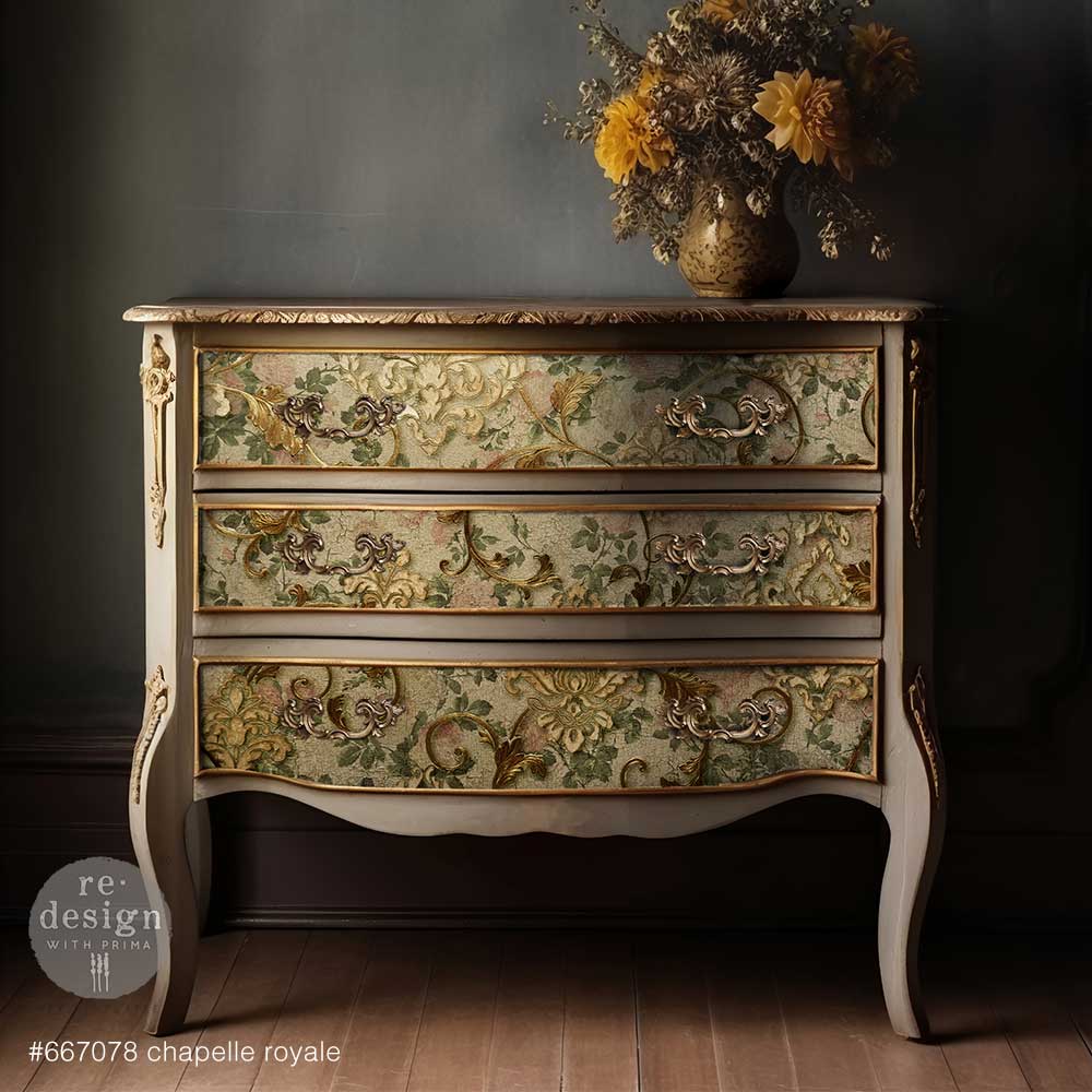 Chapelle Royale | Decoupage Tissue Paper | 19.5"x30" | Redesign with Prima | decadent swirls, distressed fleur de lis, and a soft floral background Redesign with Prima
