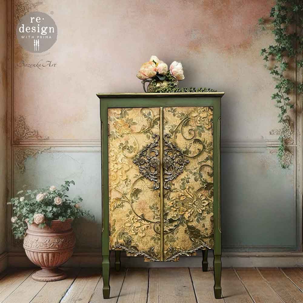 Chapelle Royale | Decoupage Tissue Paper | 19.5"x30" | Redesign with Prima | decadent swirls, distressed fleur de lis, and a soft floral background