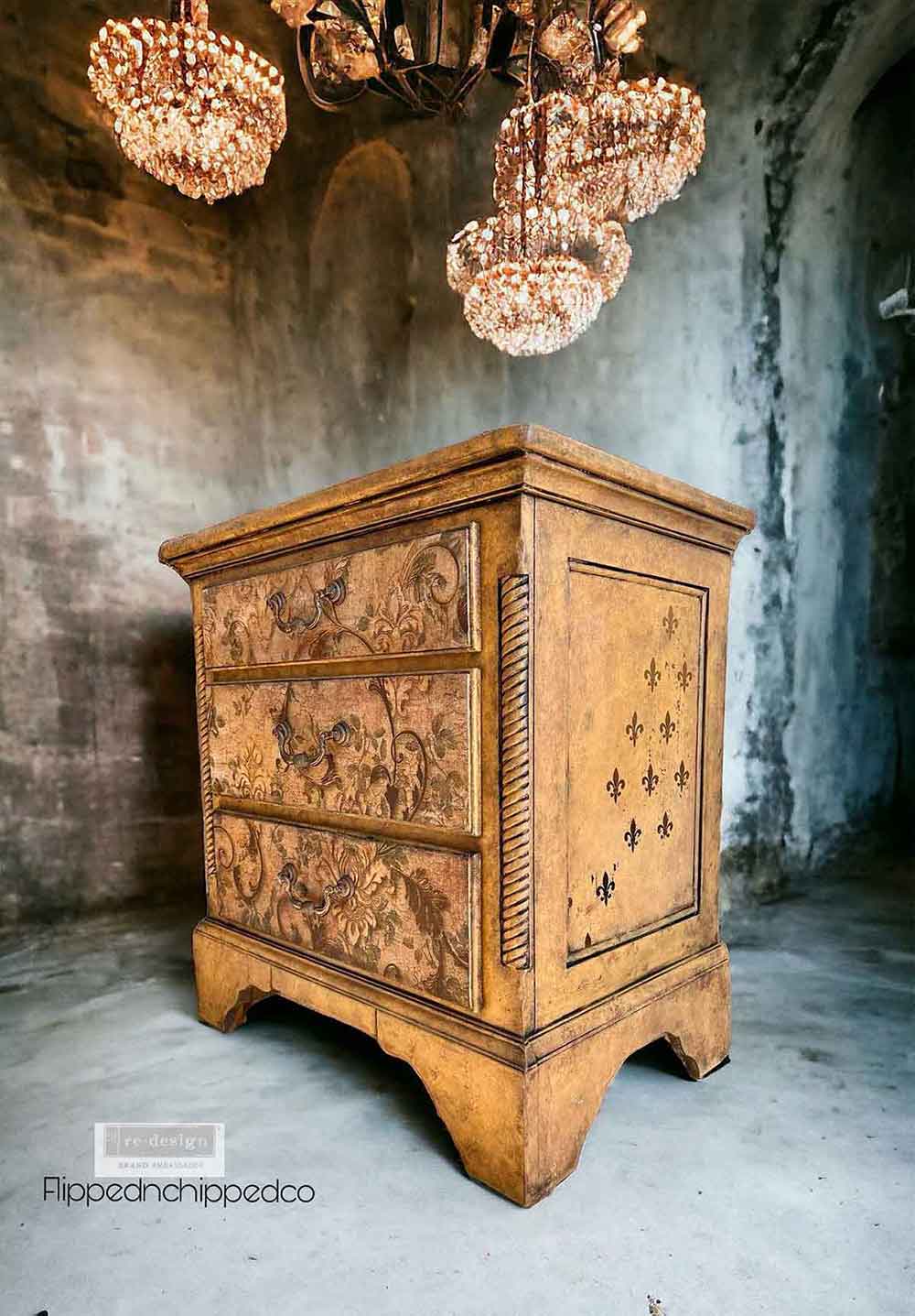 Chapelle Royale | Decoupage Tissue Paper | 19.5"x30" | Redesign with Prima | decadent swirls, distressed fleur de lis, and a soft floral background