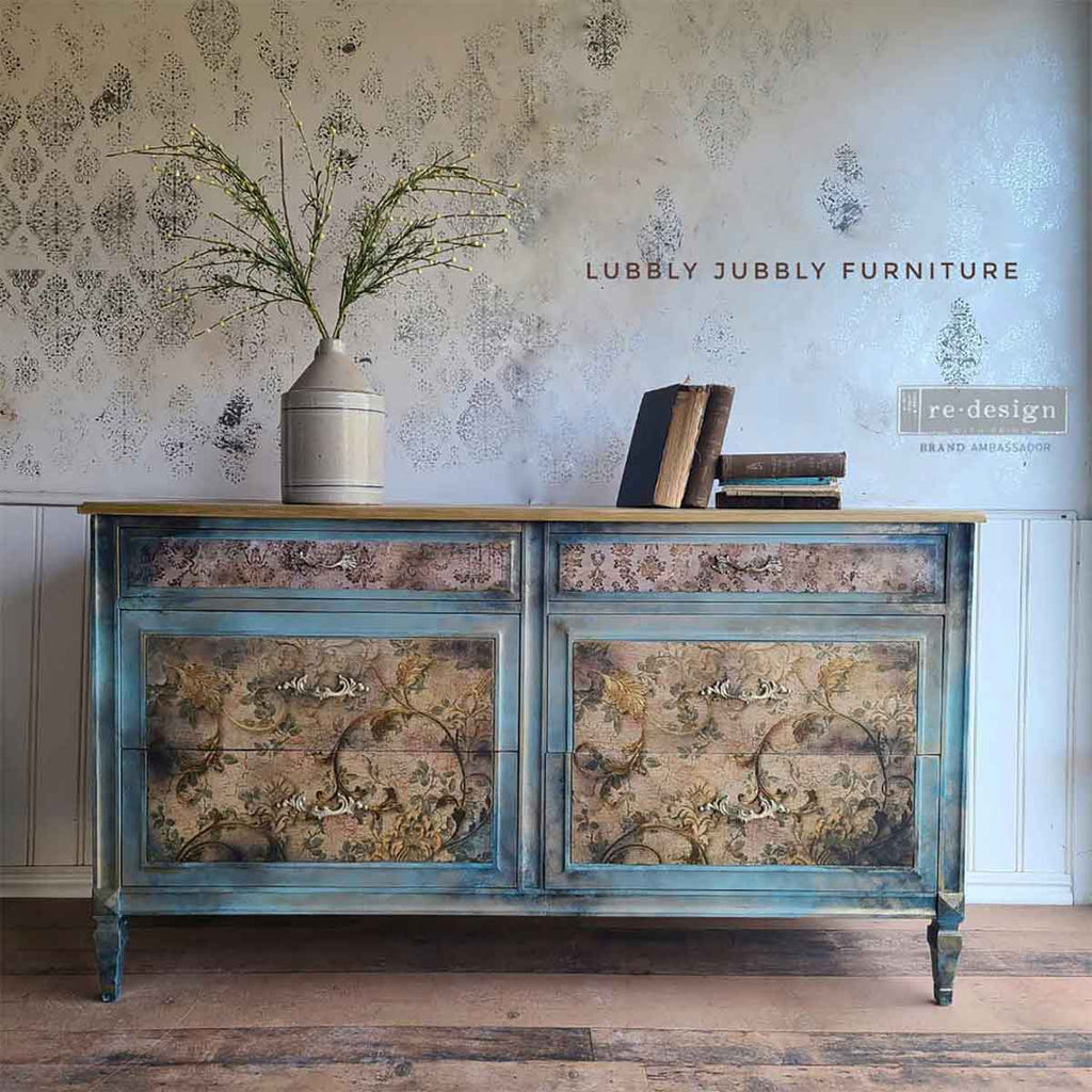 Chapelle Royale | Decoupage Tissue Paper | 19.5"x30" | Redesign with Prima | decadent swirls, distressed fleur de lis, and a soft floral background Redesign with Prima