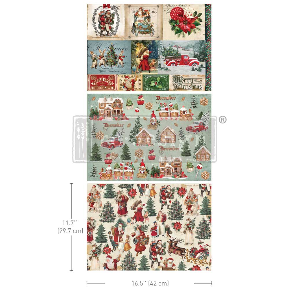 Santaland Sparkle | A3 Decoupage Fiber Pack – 3 Sheets, 11.7" x 16.5" Each | ReDesign with Prima