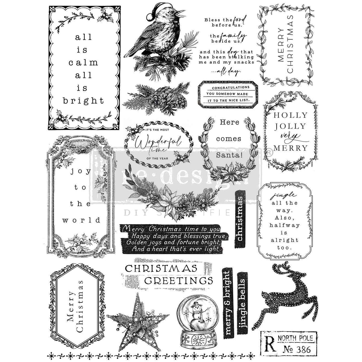 Holly Jolly | Décor Clear Stamp – 8.5" x 11" Sheet | ReDesign with Prima