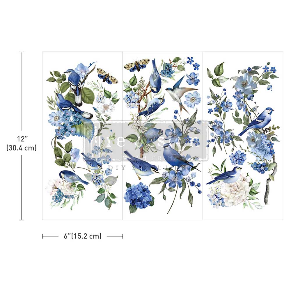 Garden Whispers | Small Transfers | Redesign With Prima | Rub on Transfers for Furniture and Crafts | 3 sheets- 6"x12" | blue flowers & graceful birds
