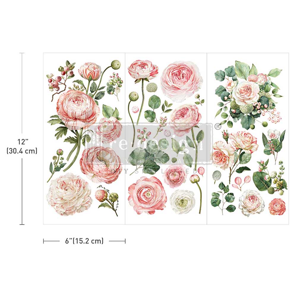 Blushing Blooms | Small Transfers | Redesign With Prima | Rub on Transfers for Furniture and Crafts | 3 sheets- 6"x12" | soft pink florals