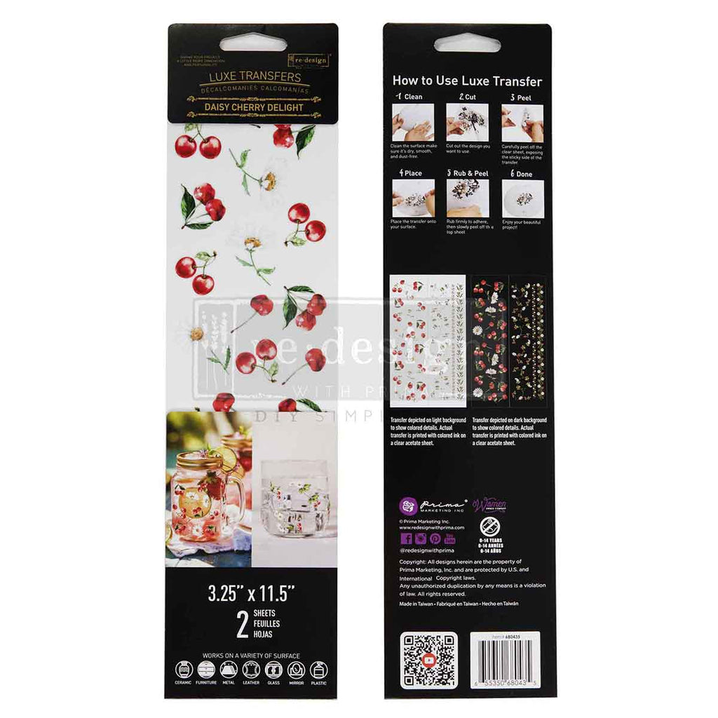 Daisy Cherry Delight | Luxe Transfers | Redesign With Prima | Rub on Transfers | Arts & Crafts | 2 sheets, 3.25″x11.5″ Redesign with Prima