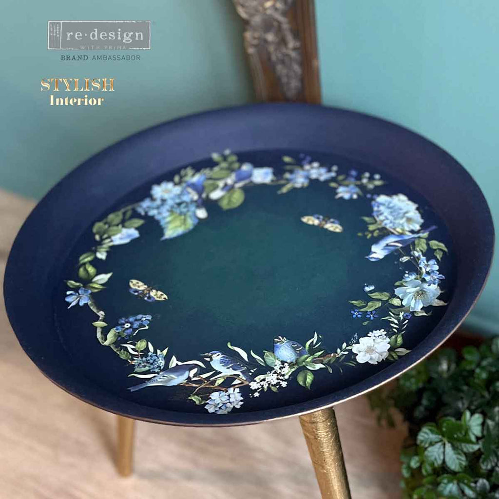 Garden Whispers | Small Transfers | Redesign With Prima | Rub on Transfers for Furniture and Crafts | 3 sheets- 6"x12" | blue flowers & graceful birds