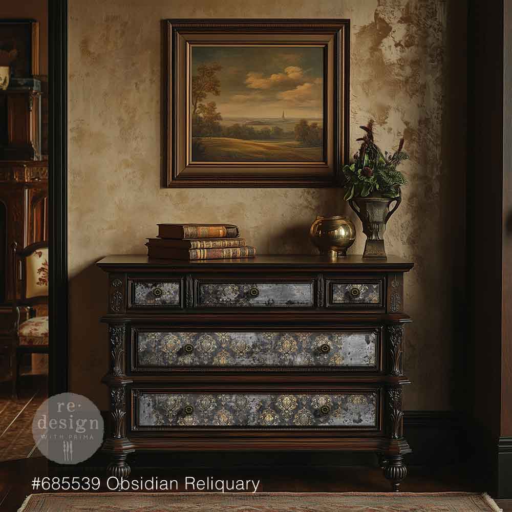 Obsidian Reliquary | 19.5" x 30" | Decoupage Fiber Paper | Redesign with Prima