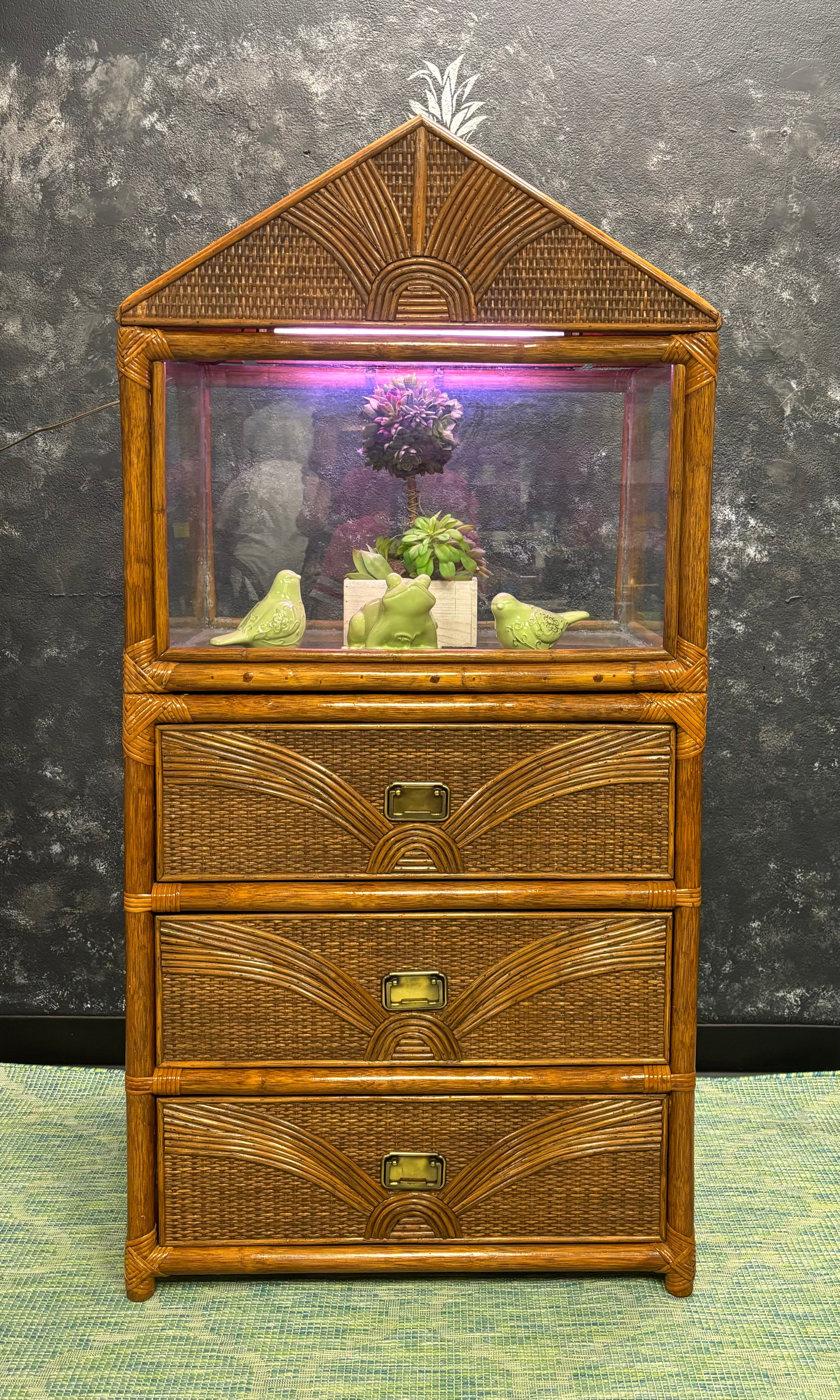 Vintage Sunburst Rattan Bedroom Suite – 5-Piece Cane Furniture Set with Lighted Terrarium Dresser, Headboard, Nightstands, Dresser & Cheval Mirror (1970s Coastal Boho)